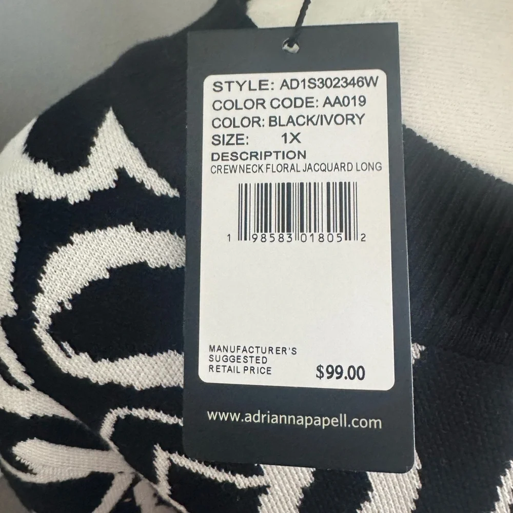 NWT Adrianna Papell Womens Crew neck Sweater Black White Hearts‎ 1X